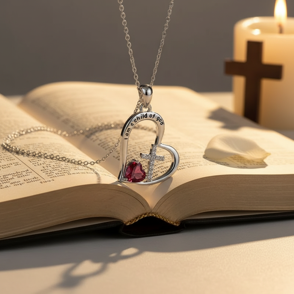 Christian Heart-Shaped Cross Pendant Necklace in serene setting